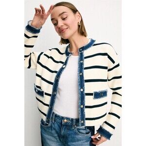 Sandro Striped Cardigan with Denim Details